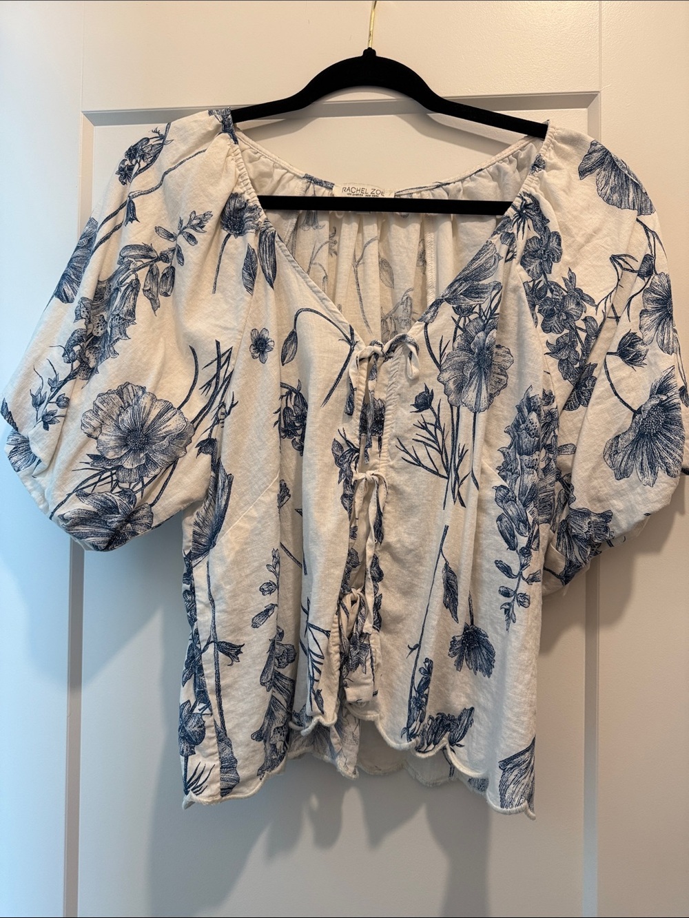 Rachel Zoe Cream Blouse with Navy Floral Print and Tie Front